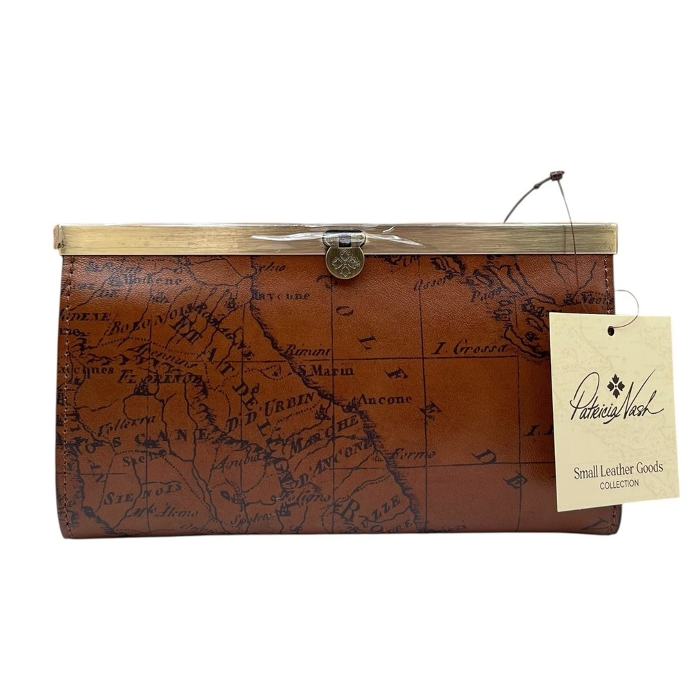 Patricia Nash Cauchy Framed Leather Wallet Signature Map Riot Rust RFID Brown